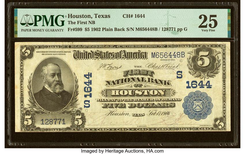 image for: Houston, TX - $5 1902 Plain Back Fr. 599 The First National Bank Ch. # (S)1644 PMG Very Fine 25....