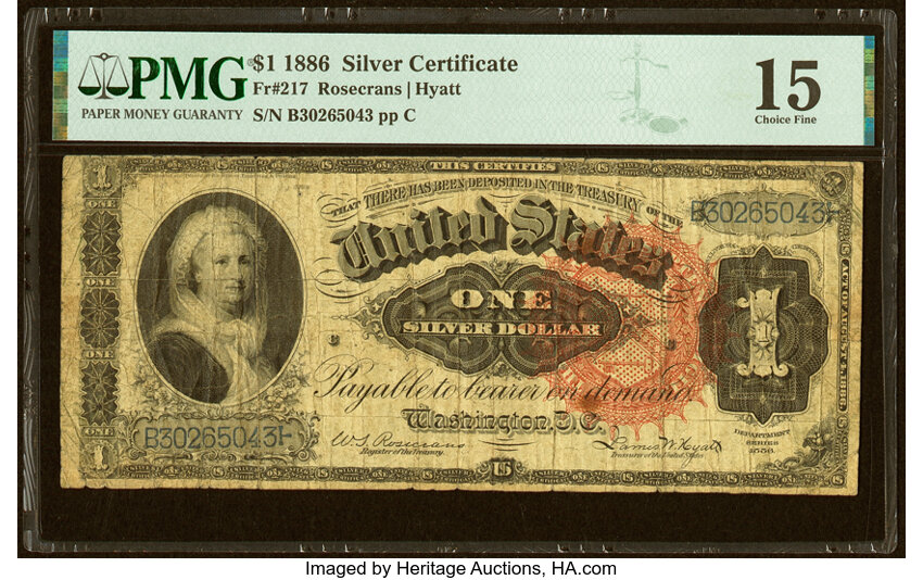 image for: Fr. 217 $1 1886 Silver Certificate PMG Choice Fine 15....