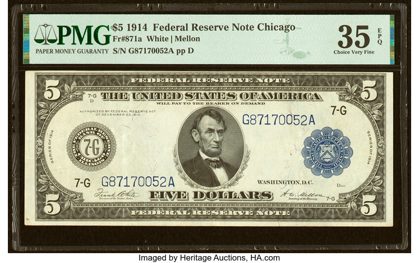 image for: Fr. 871a $5 1914 Federal Reserve Note PMG Choice Very Fine 35 EPQ....