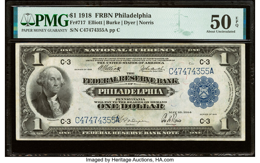 image for: Fr. 717 $1 1918 Federal Reserve Bank Note PMG About Uncirculated 50 EPQ....