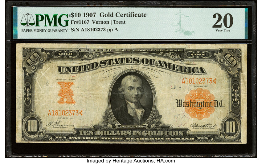 image for: Fr. 1167 $10 1907 Gold Certificate PMG Very Fine 20....