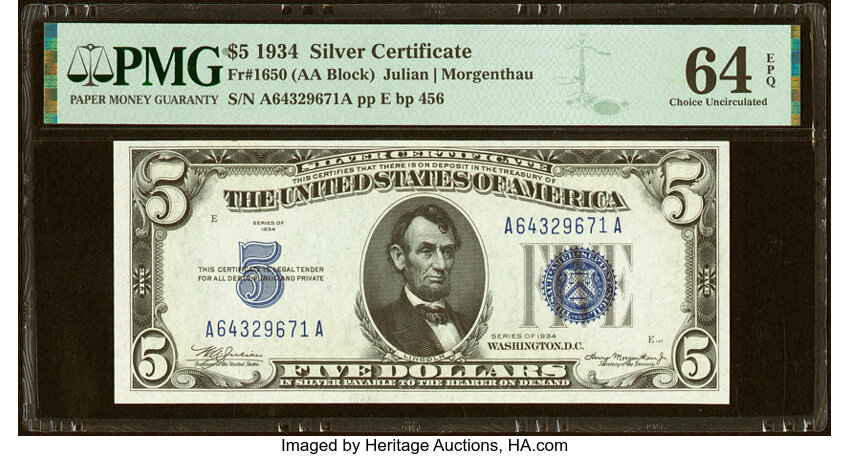 image for: Fr. 1650 $5 1934 Silver Certificate. PMG Choice Uncirculated 64 EPQ....
