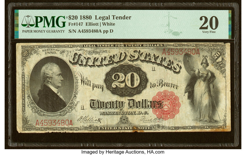 image for: Fr. 147 $20 1880 Legal Tender PMG Very Fine 20....