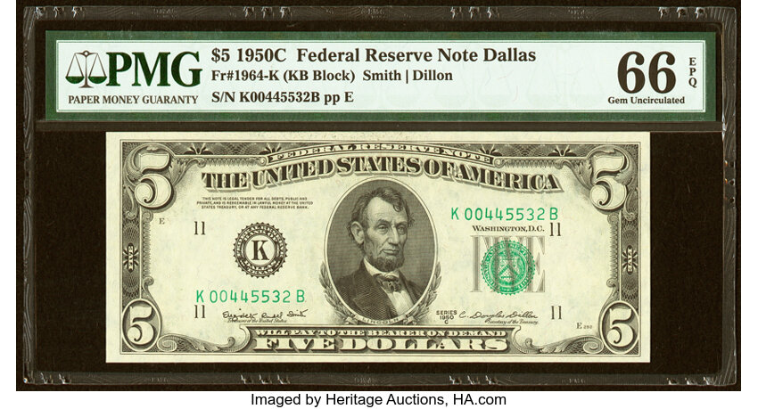 image for: Fr. 1964-K $5 1950C Federal Reserve Note. PMG Gem Uncirculated 66 EPQ....