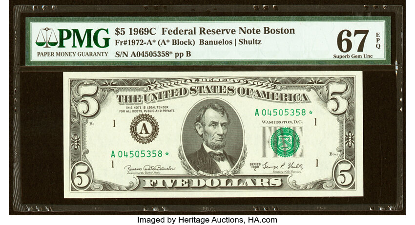 image for: Fr. 1972-A* $5 1969C Federal Reserve Star Note. PMG Superb Gem Unc 67 EPQ....