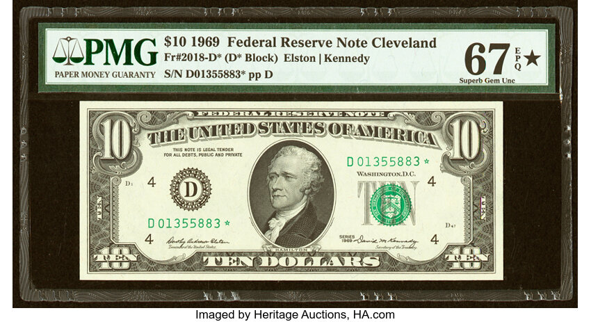 image for: Fr. 2018-D* $10 1969 Federal Reserve Star Note. PMG Superb Gem Unc 67 EPQ*....