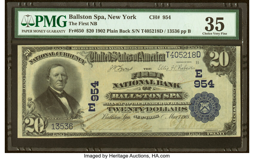 image for: Ballston Spa, NY - $20 1902 Plain Back Fr. 650 The First National Bank Ch. # (E)954 PMG Choice Very Fine 35....