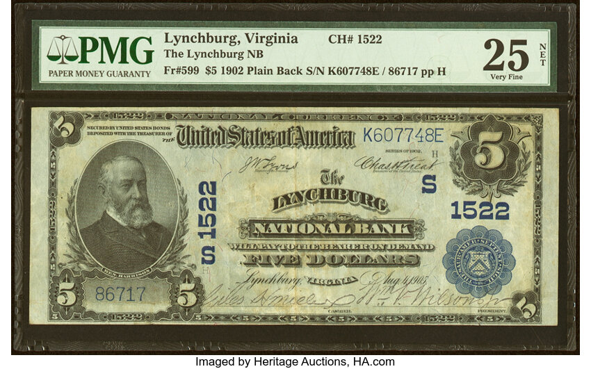 image for: Lynchburg, VA - $5 1902 Plain Back Fr. 599 The Lynchburg National Bank Ch. # (S)1522 PMG Very Fine 25 Net....