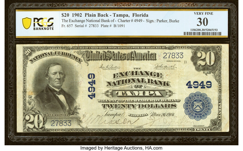image for: Tampa, FL - $20 1902 Plain Back Fr. 657 The Exchange National Bank Ch. # 4949 PCGS Banknote Very Fine 30....