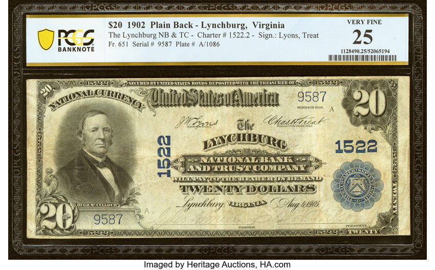 image for: Lynchburg, VA - $20 1902 Plain Back Fr. 651 The Lynchburg National Bank & Trust Company Ch. # 1522 PCGS Banknote Very Fine 25....