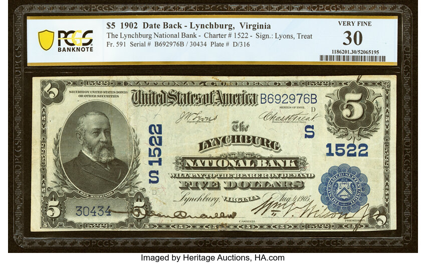 image for: Lynchburg, VA - $5 1902 Date Back Fr. 591 The Lynchburg National Bank Ch. # (S)1522 PCGS Very Fine 30....