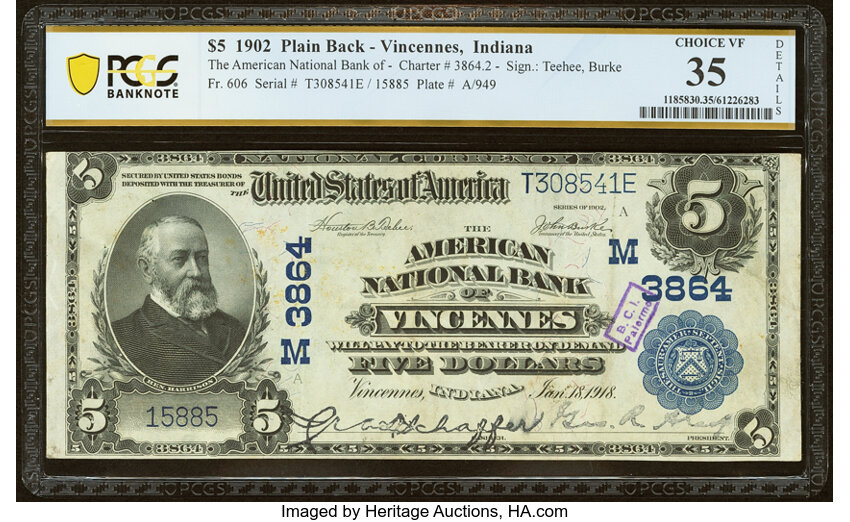 image for: Vincennes, IN - $5 1902 Plain Back Fr. 606 The American National Bank Ch. # (M)3864 PCGS Banknote Choice VF 35 Details....