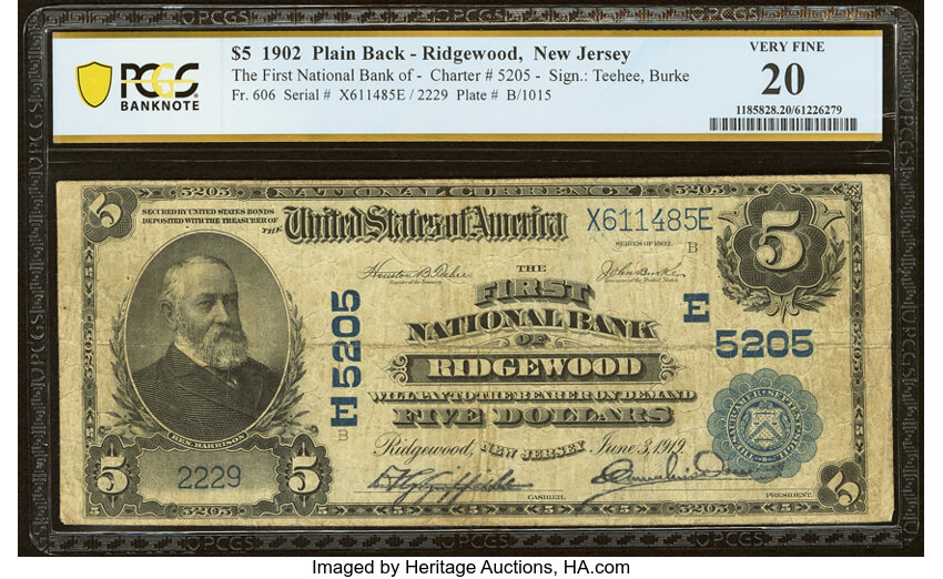 image for: Ridgewood, NJ - $5 1902 Plain Back Fr. 606 The First National Bank Ch. # (E)5205 PCGS Banknote Very Fine 20....