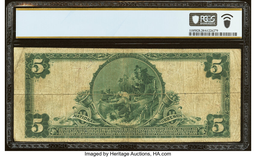 image for: Ridgewood, NJ - $5 1902 Plain Back Fr. 606 The First National Bank Ch. # (E)5205 PCGS Banknote Very Fine 20....