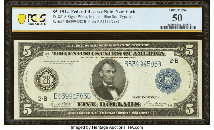 image for: Fr. 851a $5 1914 Federal Reserve Note PCGS Banknote About Unc 50....