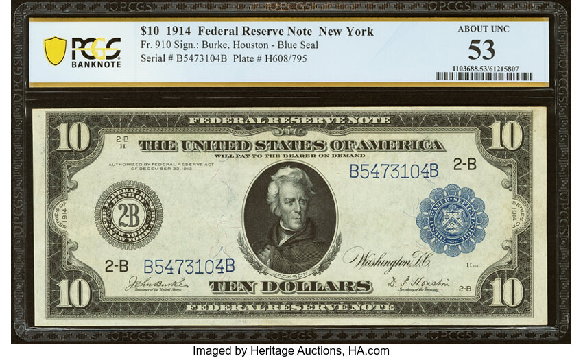 image for: Fr. 910 $10 1914 Federal Reserve Note PCGS Banknote About Unc 53....
