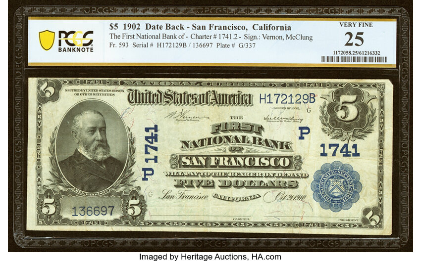 image for: San Francisco, CA - $5 1902 Date Back Fr. 593 The First National Bank Ch. # (P)1741 PCGS Banknote Very Fine 25....