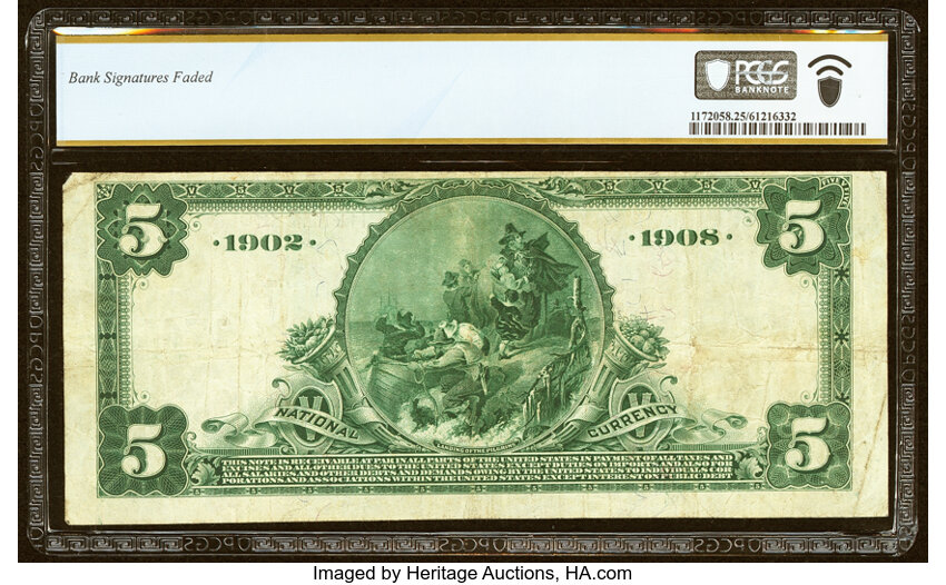 image for: San Francisco, CA - $5 1902 Date Back Fr. 593 The First National Bank Ch. # (P)1741 PCGS Banknote Very Fine 25....