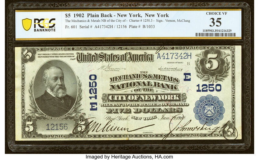 image for: New York, NY - $5 1902 Plain Back Fr. 601 The Mechanics & Metals National Bank Ch. # (E)1250 PCGS Banknote Choice VF 35....