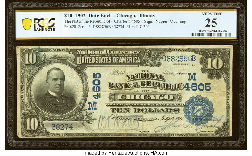 image for: Chicago, IL - $10 1902 Date Back Fr. 620 The National Bank of the Republic Ch. # (M)4605 PCGS Banknote Very Fine 25....