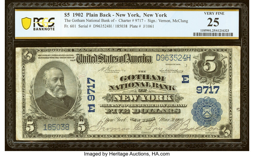 image for: New York, NY - $5 1902 Plain Back Fr. 601 The Gotham National Bank Ch. # (E)9717 PCGS Banknote Very Fine 25....