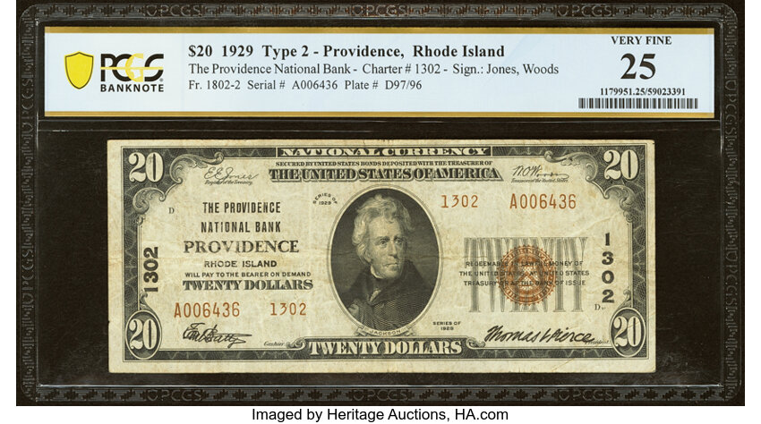 image for: Providence, RI - $20 1929 Ty. 2 The Providence National Bank Ch. # 1302 PCGS Banknote Very Fine 25....