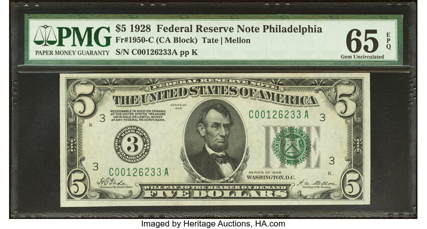 image for: Fr. 1950-C $5 1928 Federal Reserve Note. PMG Gem Uncirculated 65 EPQ....