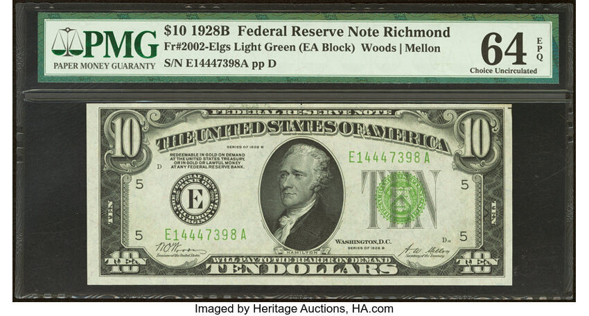 image for: Fr. 2002-E $10 1928B Light Green Seal Federal Reserve Note. PMG Choice Uncirculated 64 EPQ....
