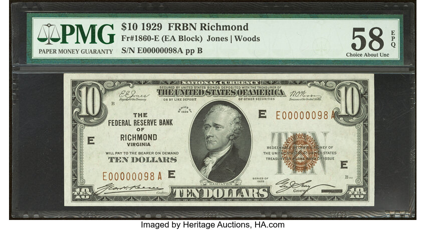 image for: Low Serial Number 98 Fr. 1860-E $10 1929 Federal Reserve Bank Note. PMG Choice About Unc 58 EPQ....