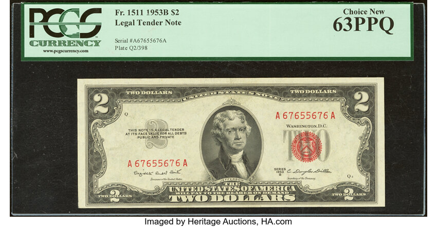 image for: Radar Serial Number 67655676 Fr. 1511 $2 1953B Legal Tender Note. PCGS Choice New 63PPQ....