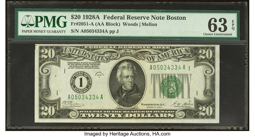 image for: Fr. 2051-A $20 1928A Federal Reserve Note. PMG Choice Uncirculated 63 EPQ....