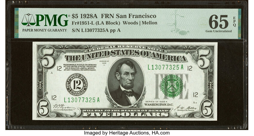 image for: Fr. 1951-L $5 1928A Federal Reserve Note. PMG Gem Uncirculated 65 EPQ....