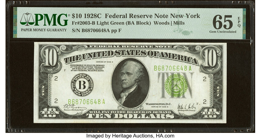 image for: Fr. 2003-B $10 1928C Light Green Seal Federal Reserve Note. PMG Gem Uncirculated 65 EPQ....