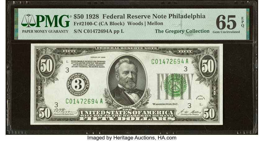 image for: Fr. 2100-C $50 1928 Federal Reserve Note. PMG Gem Uncirculated 65 EPQ....