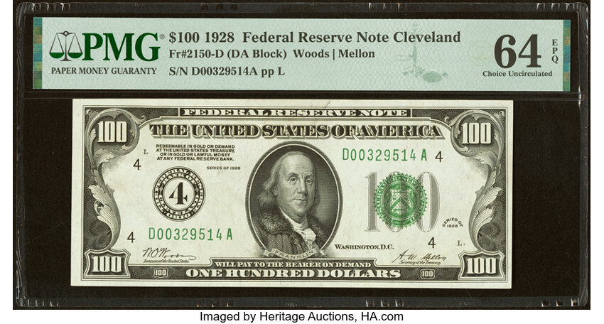 image for: Fr. 2150-D $100 1928 Federal Reserve Note. PMG Choice Uncirculated 64 EPQ....