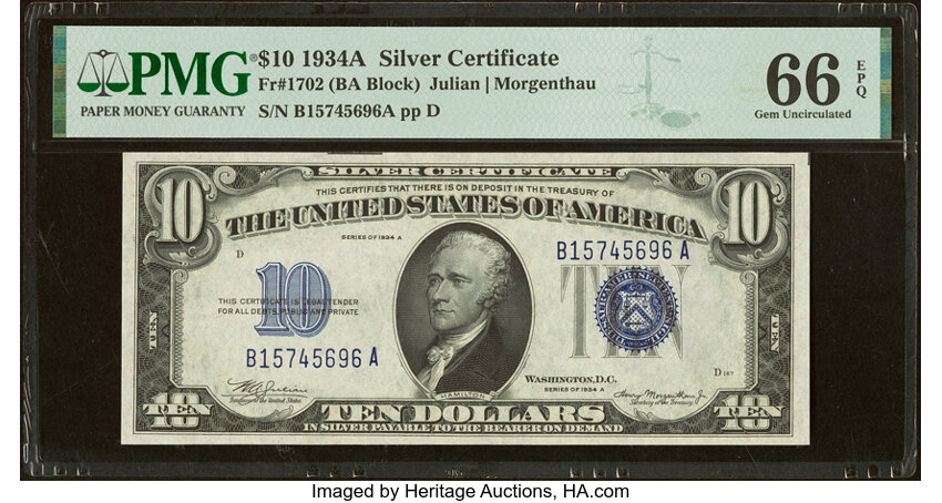 image for: Fr. 1702 $10 1934A Silver Certificate. PMG Gem Uncirculated 66 EPQ....