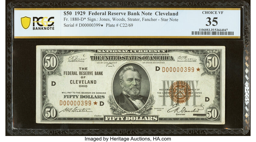 image for: Fr. 1880-D* $50 1929 Federal Reserve Bank Star Note. PCGS Banknote Choice VF 35....