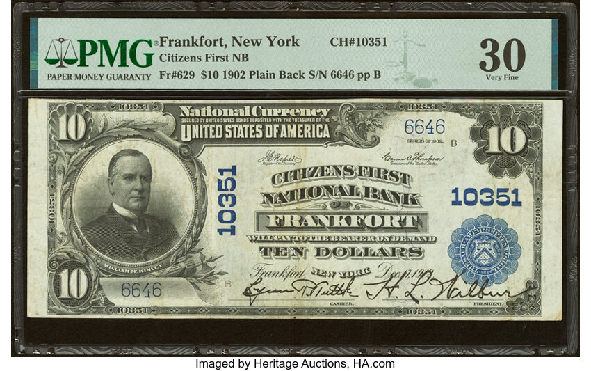 image for: Frankfort, NY - $10 1902 Plain Back Fr. 629 Citizens First National Bank Ch. # 10351 PMG Very Fine 30....