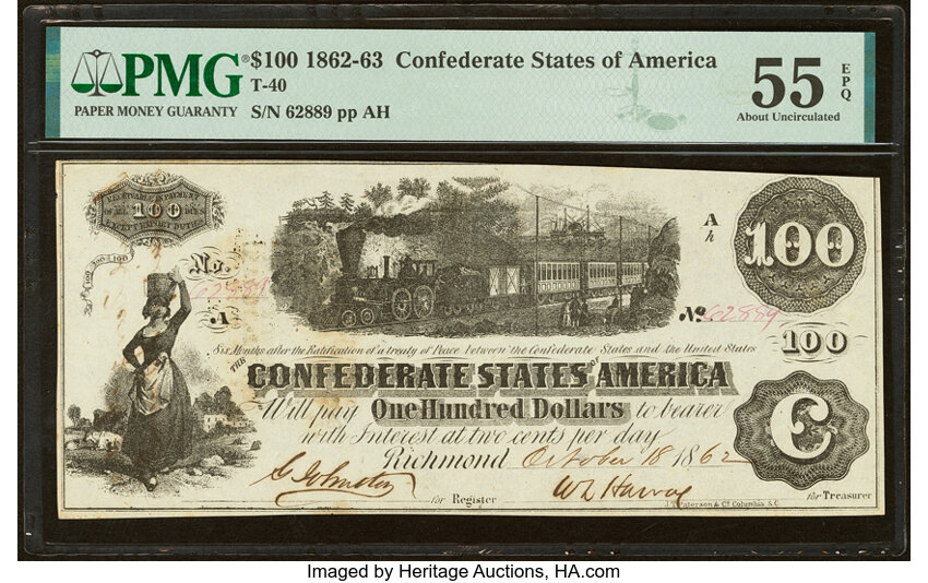 image for: T40 $100 1862 PF-1 Cr. 298 PMG About Uncirculated 55 EPQ....
