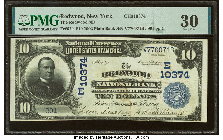 image for: Redwood, NY - $10 1902 Plain Back Fr. 629 The Redwood National Bank Ch. # (E)10374 PMG Very Fine 30....