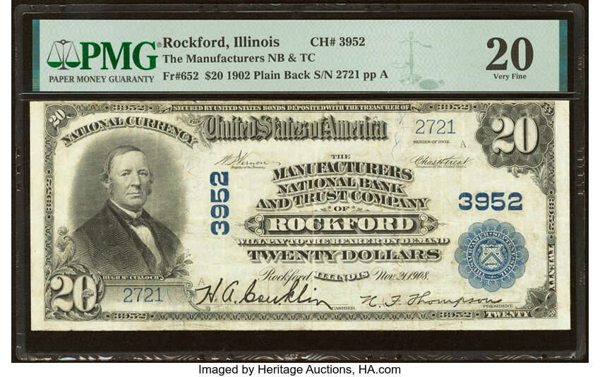image for: Rockford, IL - $20 1902 Plain Back Fr. 652 The Manufacturers National Bank & Trust Company Ch. # 3952 PMG Very Fine 20....
