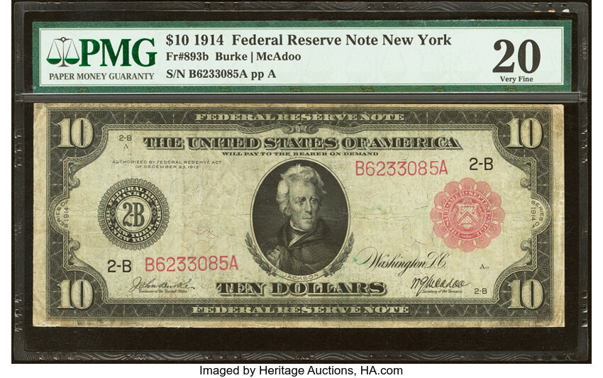 image for: Fr. 893b $10 1914 Red Seal Federal Reserve Note PMG Very Fine 20....