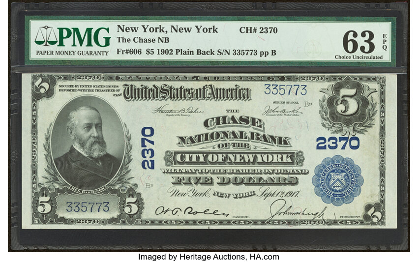 image for: New York, NY - $5 1902 Plain Back Fr. 606 The Chase National Bank Ch. # 2370 PMG Choice Uncirculated 63 EPQ....