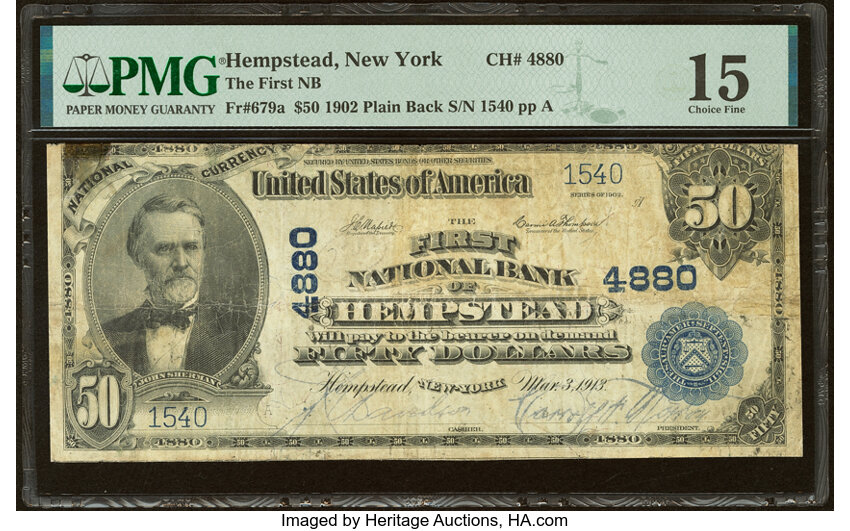 image for: Hempstead, NY - $50 1902 Plain Back Fr. 679a The First National Bank Ch. # 4880 PMG Choice Fine 15....
