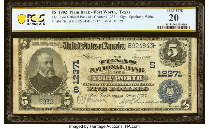 image for: Fort Worth, TX - $5 1902 Plain Back Fr. 609 The Texas National Bank Ch. # (S)12371 PCGS Banknote Very Fine 20....