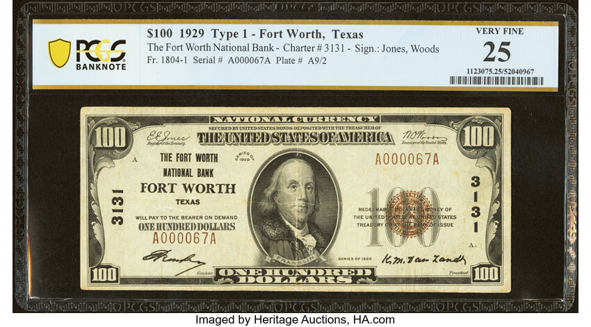 image for: Fort Worth, TX - $100 1929 Ty. 1 The Fort Worth National Bank Ch. # 3131 PCGS Banknote Very Fine 25....