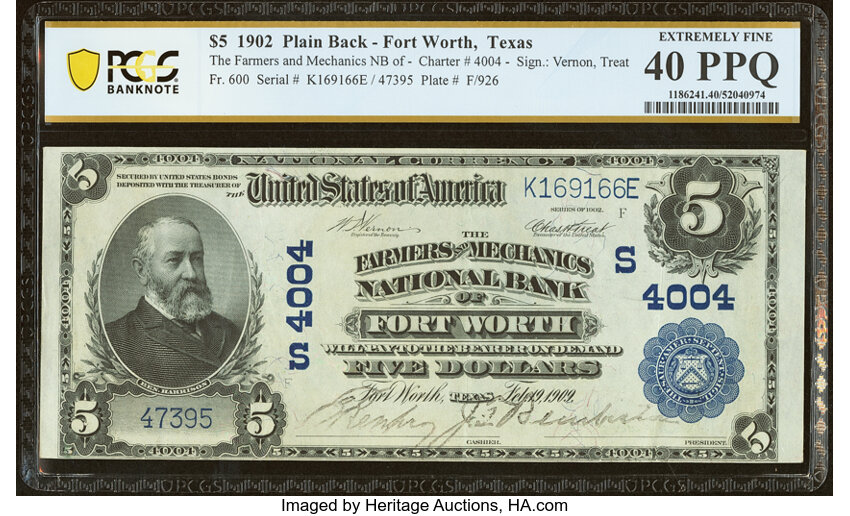 image for: Fort Worth, TX - $5 1902 Plain Back Fr. 600 The Farmers & Mechanics National Bank Ch. # (S)4004 PCGS Banknote Extremely Fine 4...