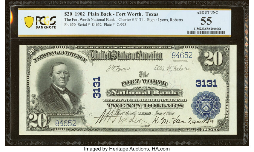 image for: Fort Worth, TX - $20 1902 Plain Back Fr. 650 The Fort Worth National Bank Ch. # 3131 PCGS Banknote About Unc 55....