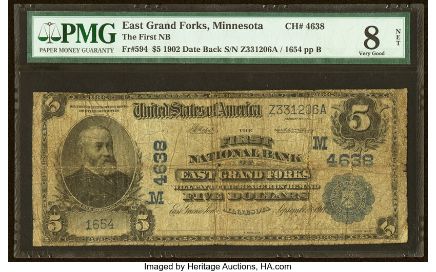 image for: East Grand Forks, MN - $5 1902 Date Back Fr. 594 The First National Bank Ch. # (M)4638 PMG Very Good 8 Net....