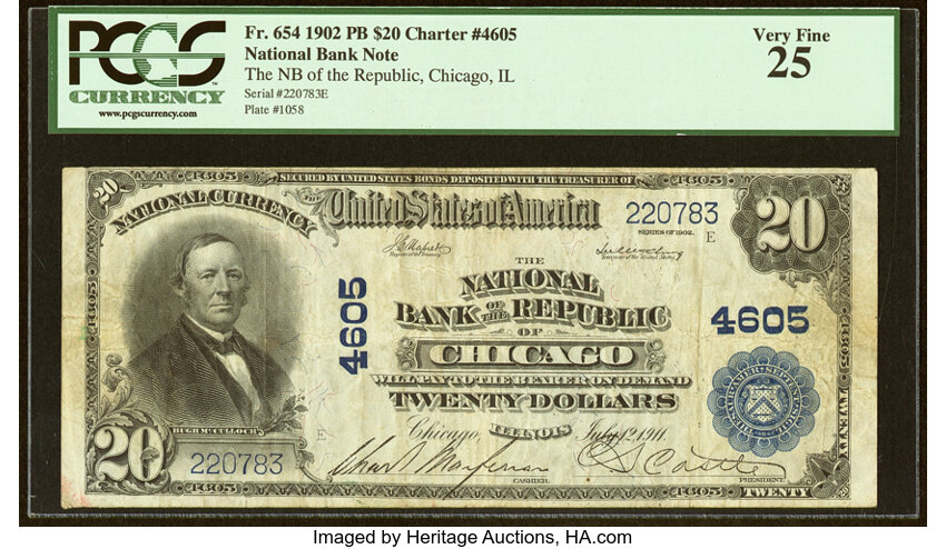 image for: Chicago, IL - $20 1902 Plain Back Fr. 654 The National Bank of the Republic Ch. # 4605 PCGS Very Fine 25....